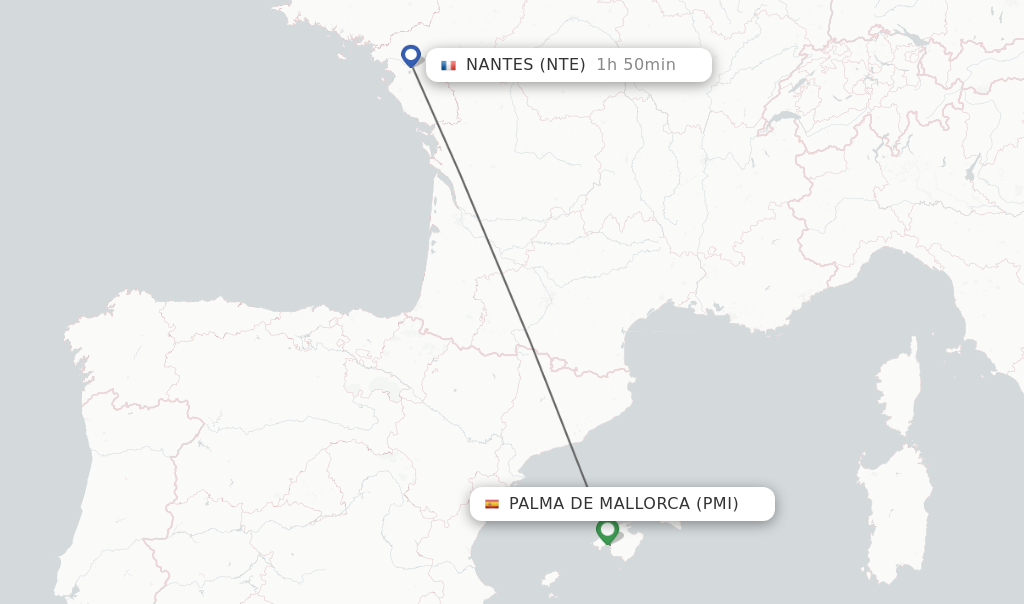Flights from Palma de Mallorca to Nantes route map