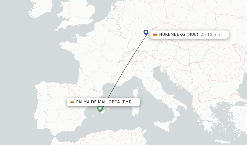Flights from Palma de Mallorca to Nuremberg route map