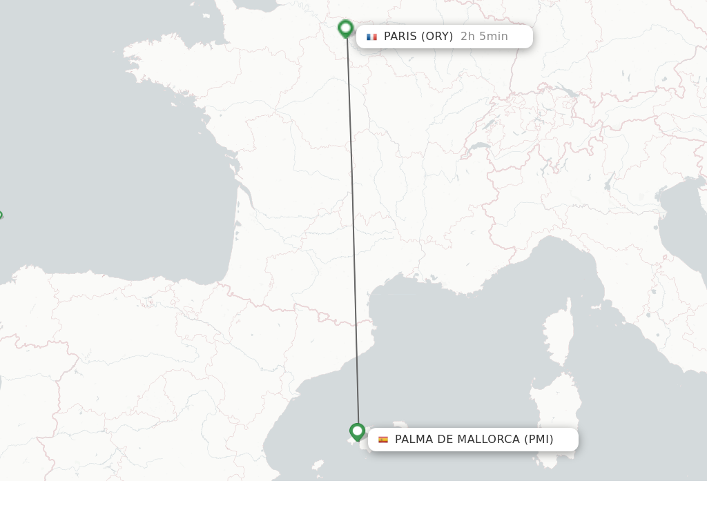 Flights from Palma de Mallorca to Paris route map