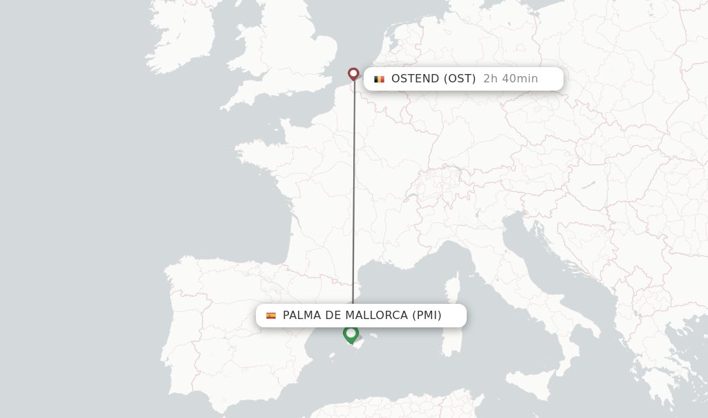 Flights from Palma de Mallorca to Ostend route map