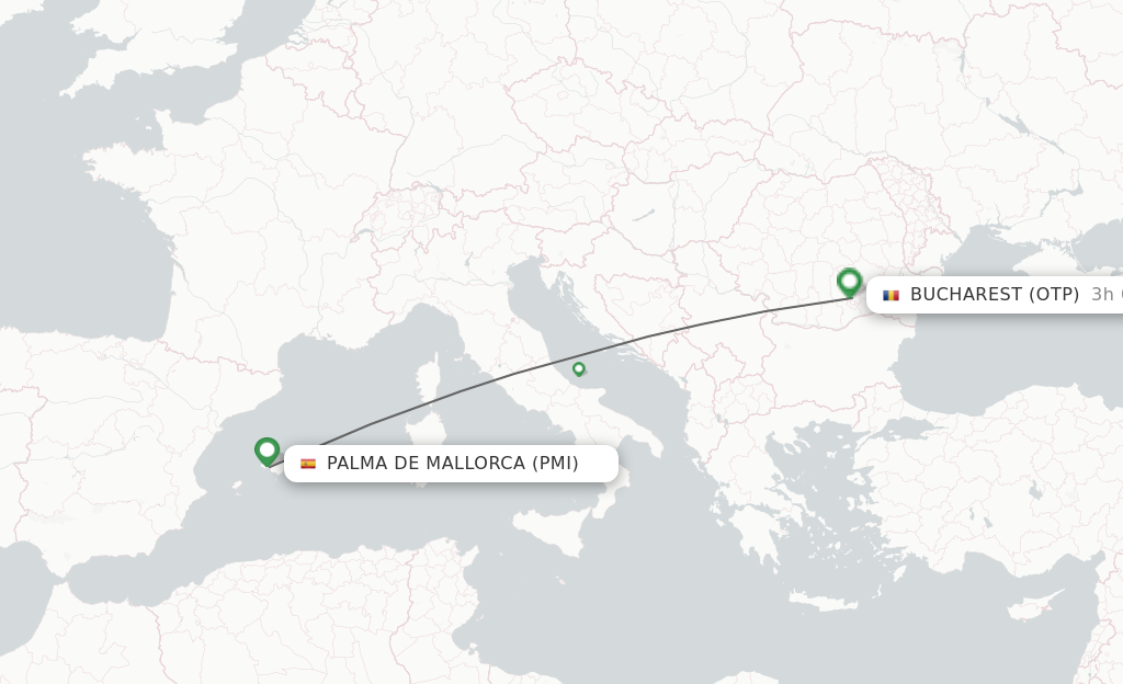 Flights from Palma de Mallorca to Bucharest route map