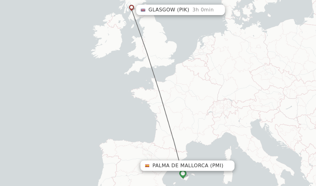 Flights from Palma de Mallorca to Glasgow route map