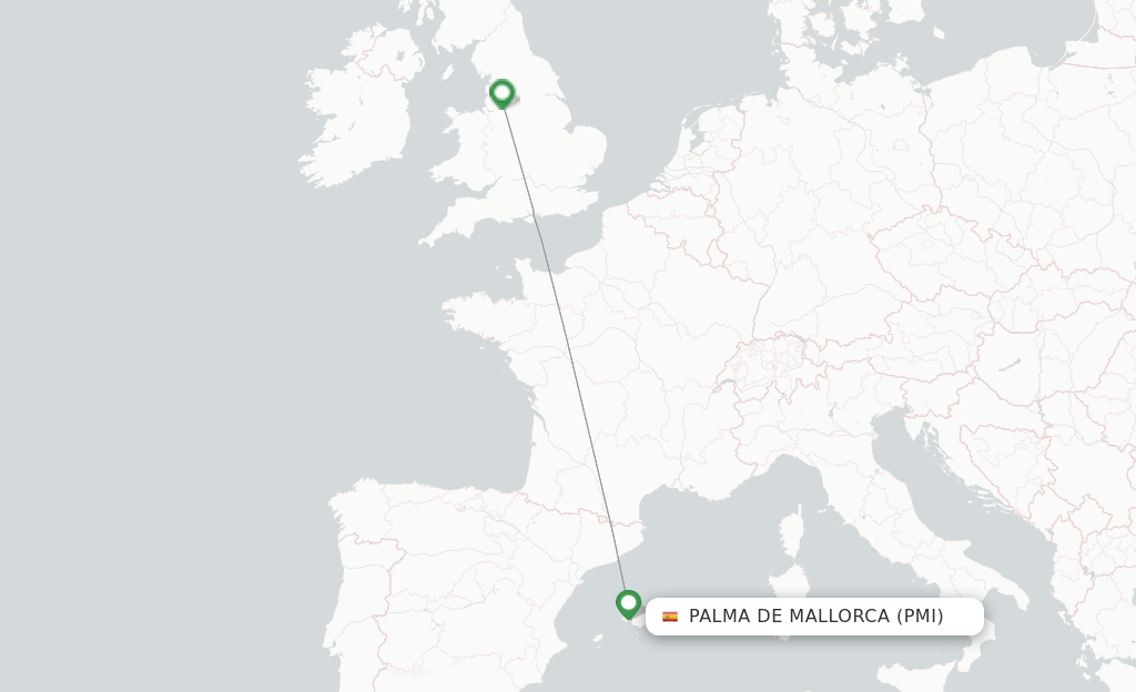 Route map with flights from Palma de Mallorca with Ryanair UK