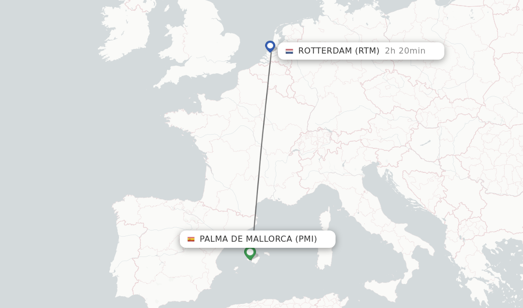Flights from Palma de Mallorca to Rotterdam route map