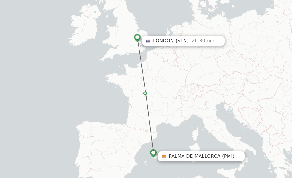 Flights from Palma de Mallorca to London route map