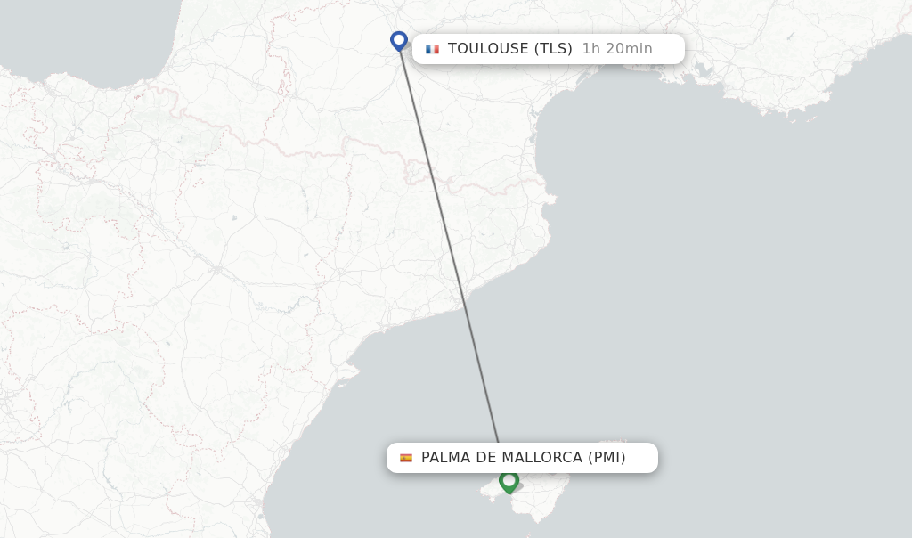 Flights from Palma de Mallorca to Toulouse route map