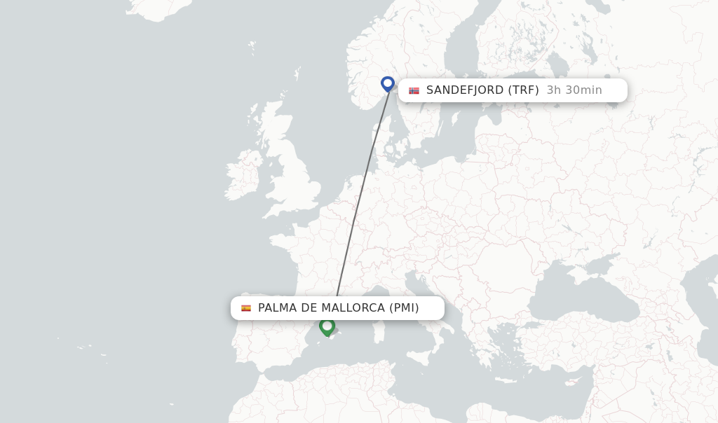 Flights from Palma de Mallorca to Sandefjord route map