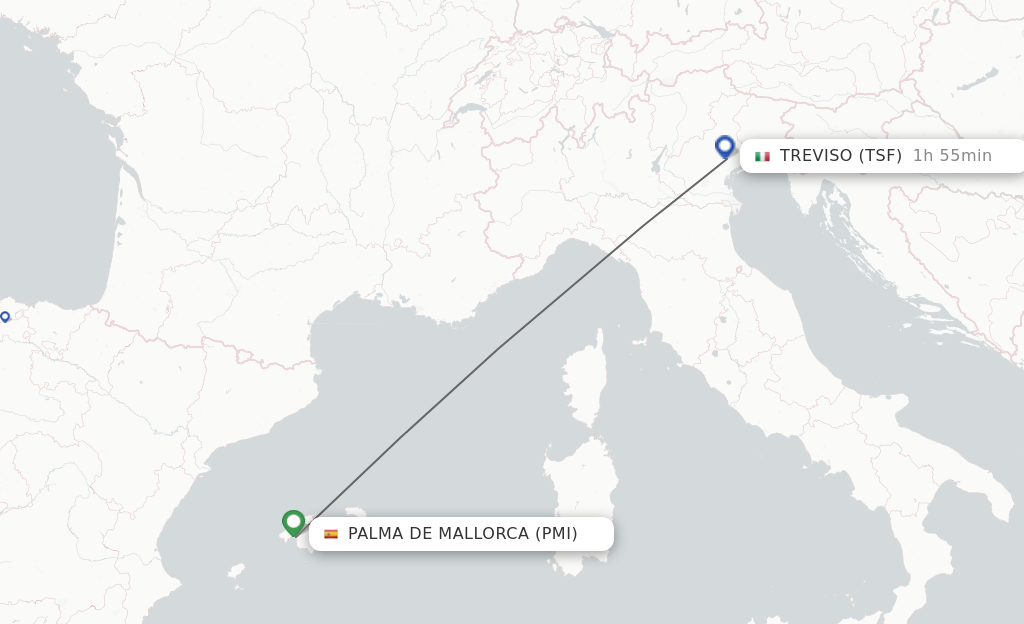 Flights from Palma de Mallorca to Venice route map