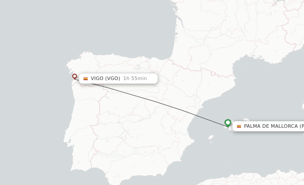 Flights from Palma de Mallorca to Vigo route map