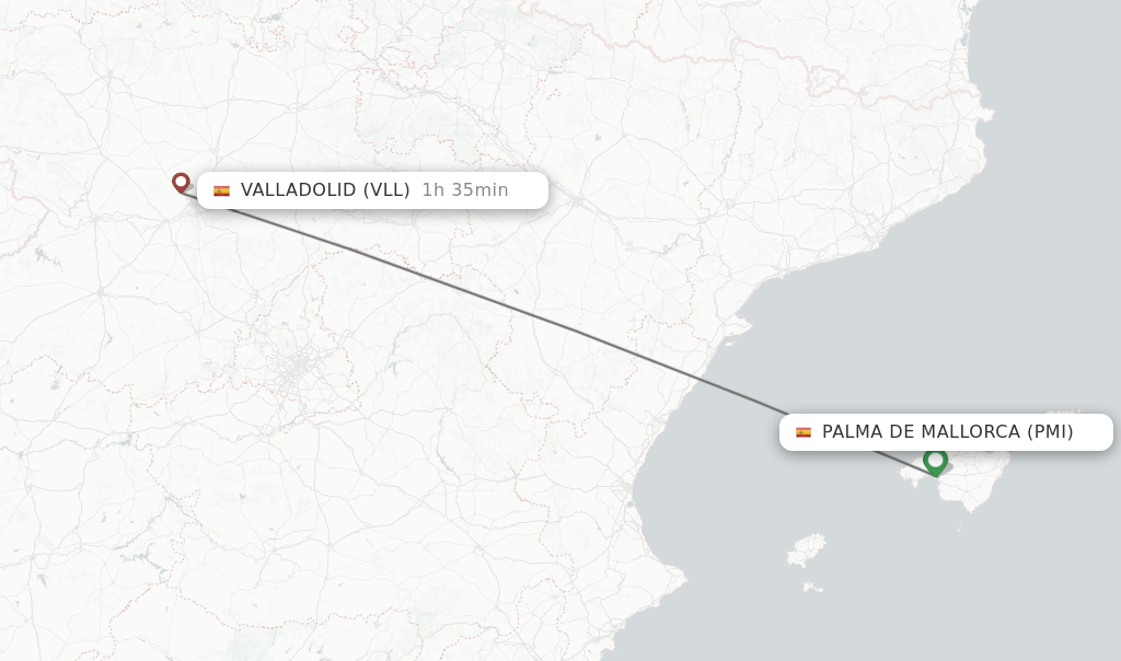 Flights from Palma de Mallorca to Valladolid route map