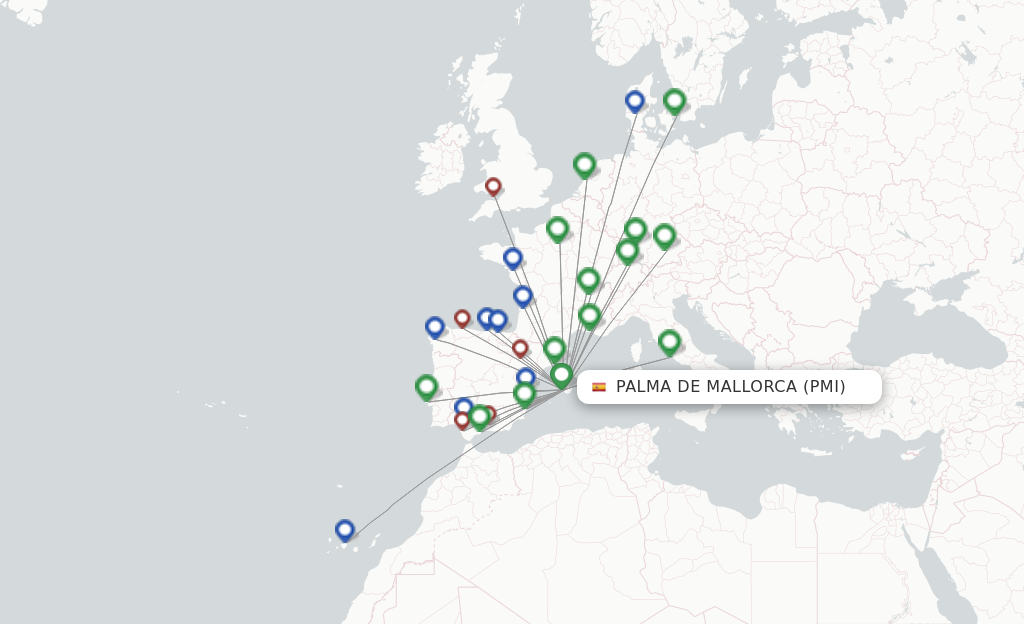 Route map with flights from Palma de Mallorca with Vueling