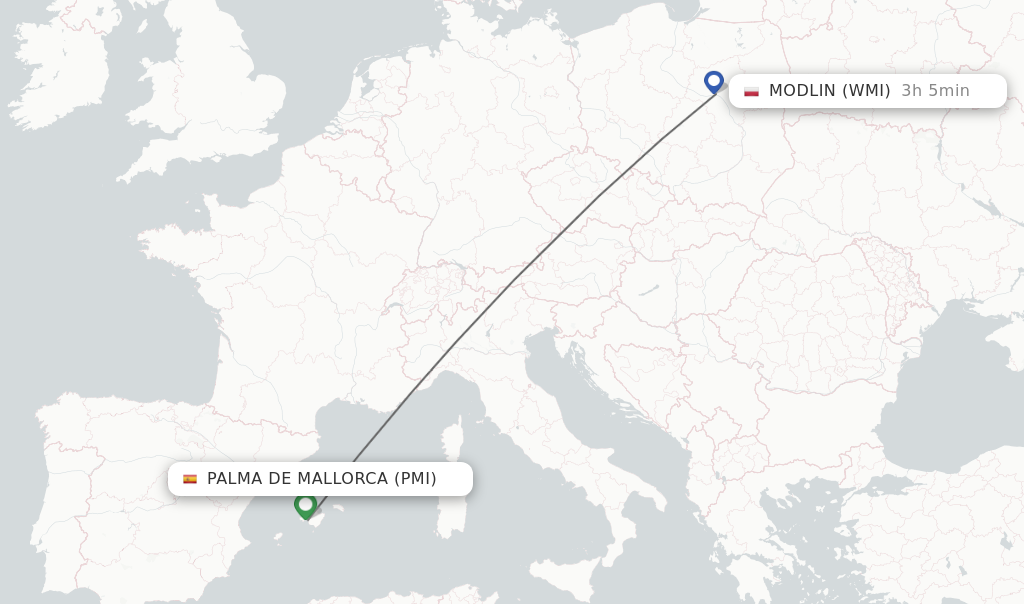 Flights from Palma de Mallorca to Modlin route map