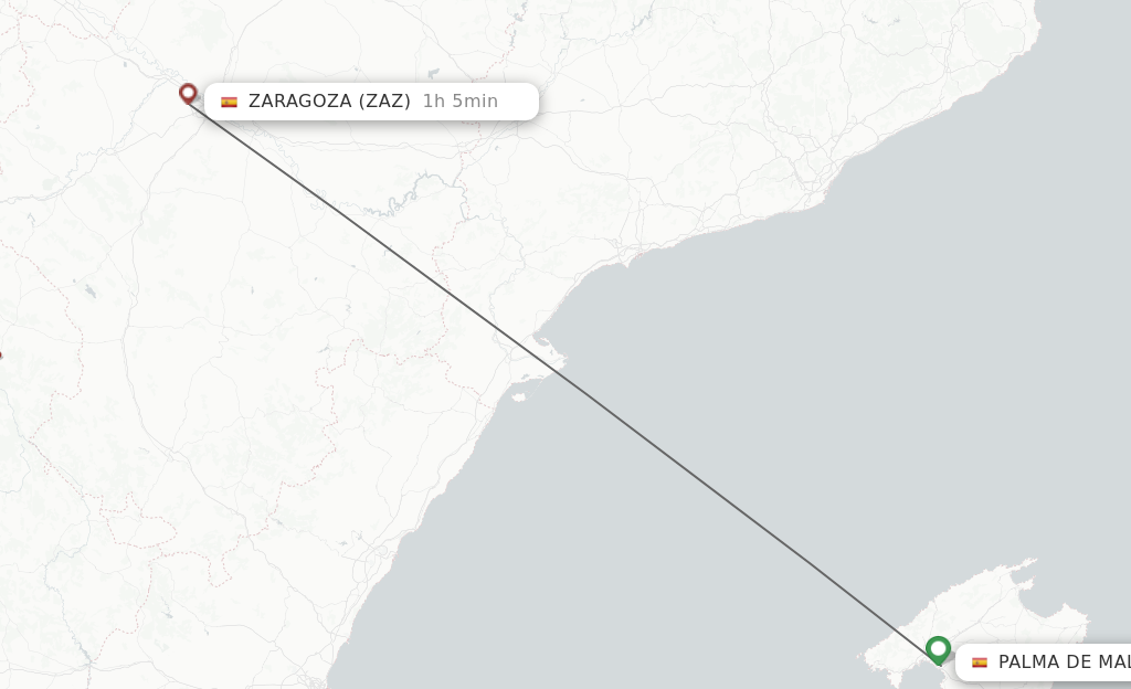 Flights from Palma de Mallorca to Zaragoza route map