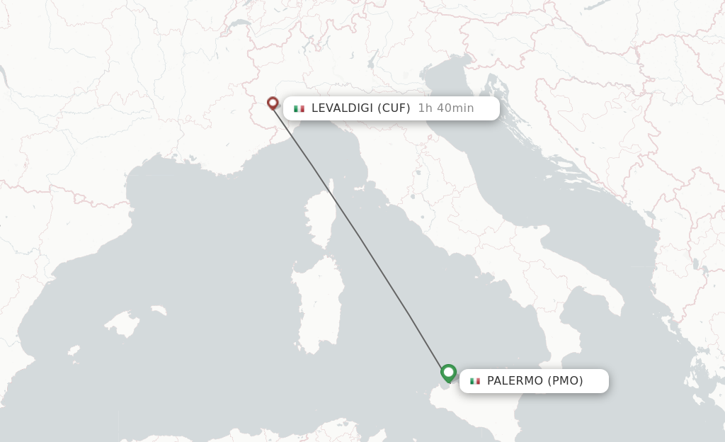 Flights from Palermo to Cuneo route map