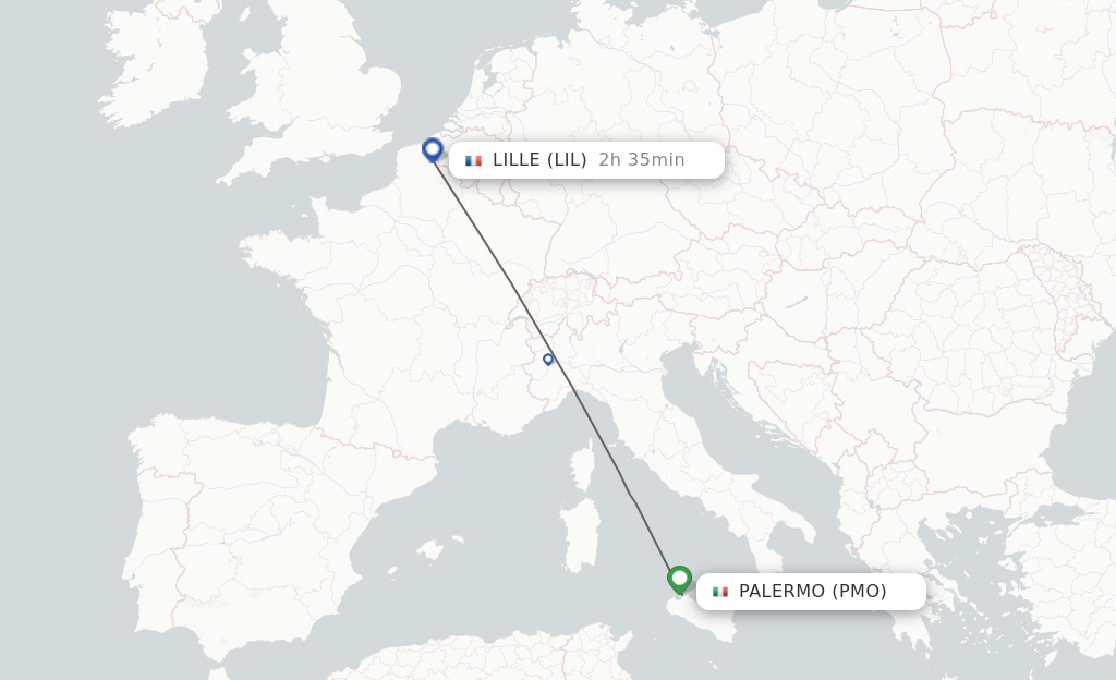 Flights from Palermo to Lille route map
