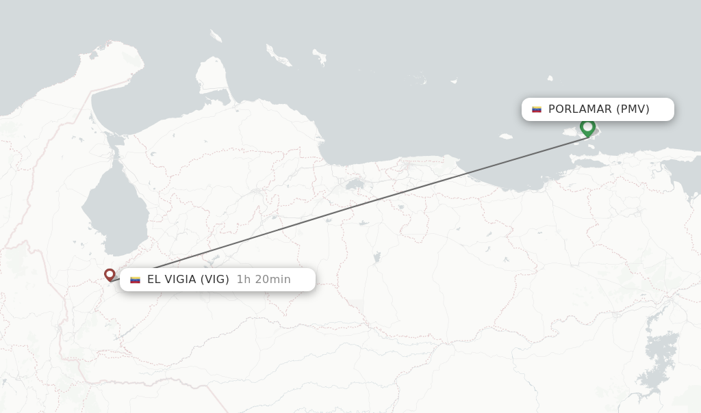 Flights from Porlamar to El Vigia route map