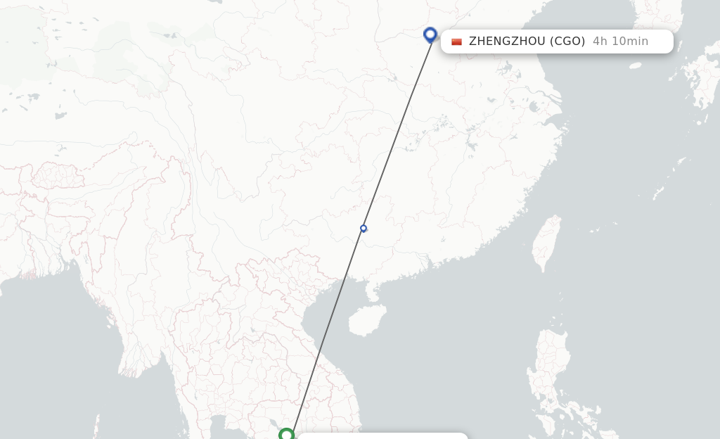 Flights from Phnom Penh to Zhengzhou route map
