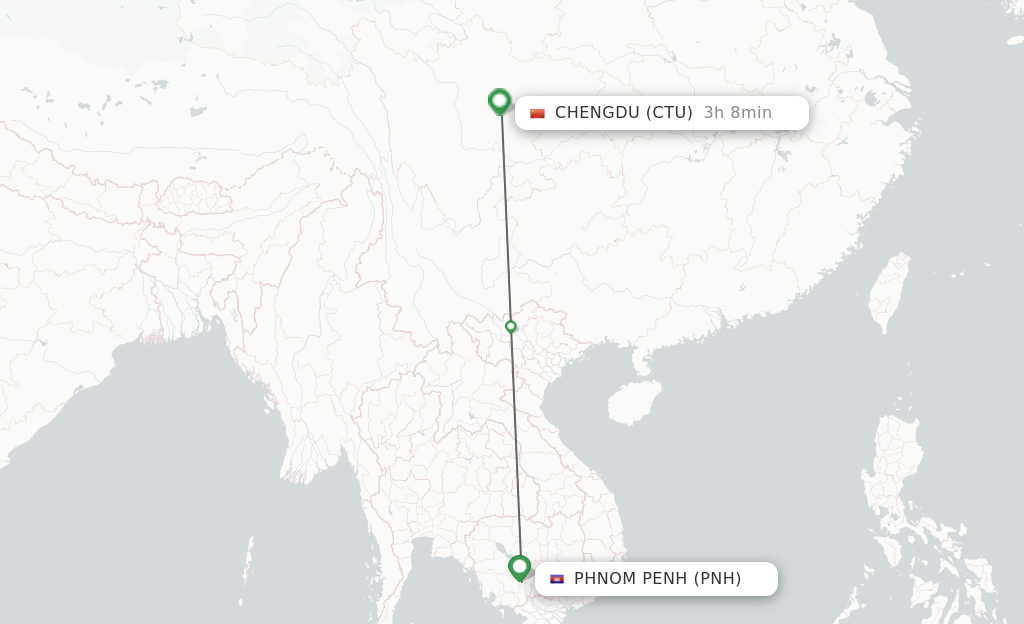 Flights from Phnom Penh to Chengdu route map