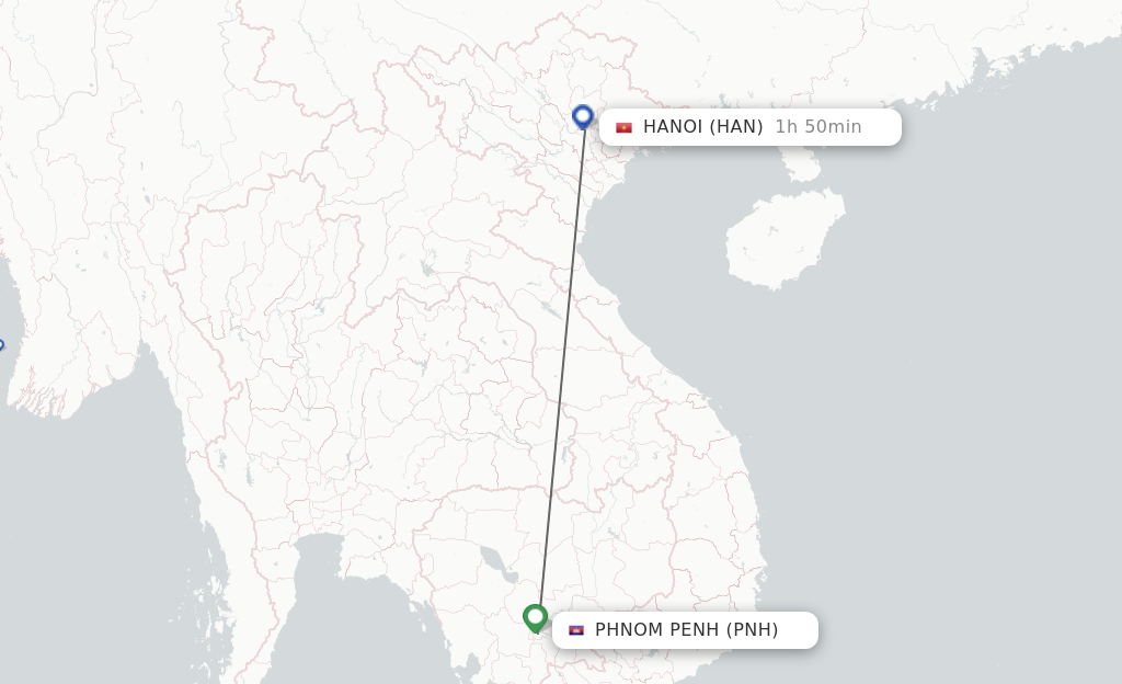 Flights from Phnom Penh to Hanoi route map