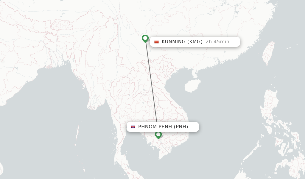 Flights from Phnom Penh to Kunming route map