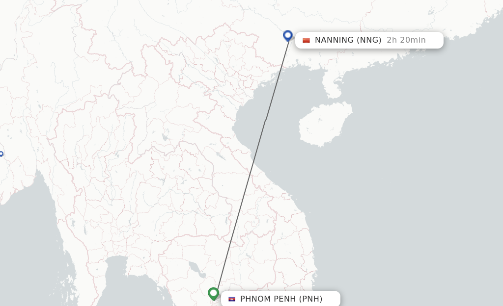Flights from Phnom Penh to Nanning route map