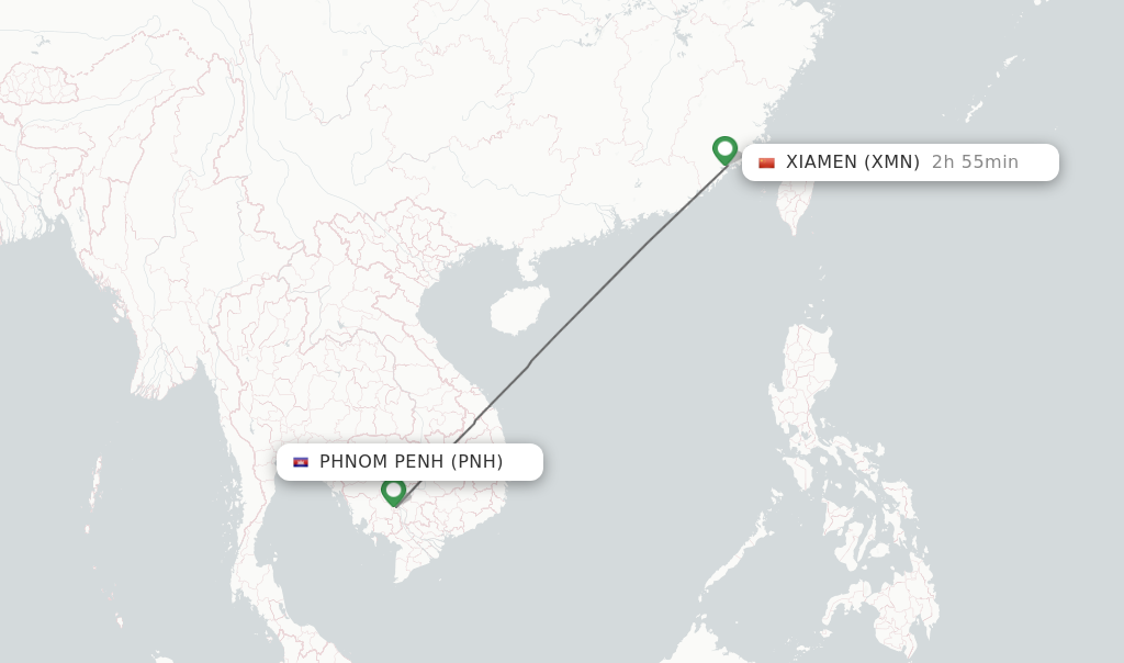 Flights from Phnom Penh to Xiamen route map