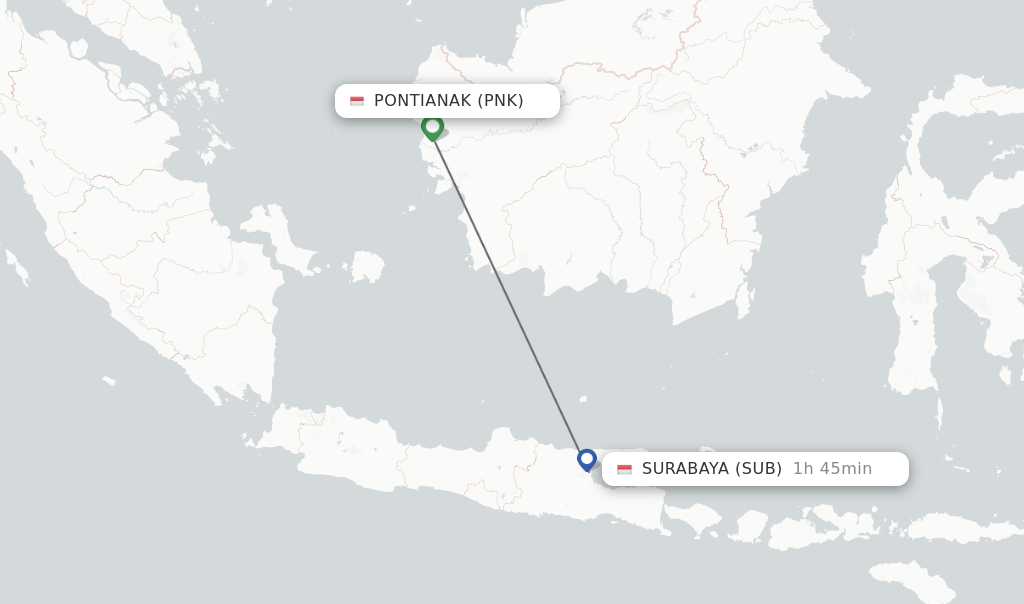 Flights from Pontianak to Surabaya route map