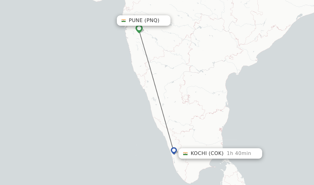 Flights from Pune to Kochi route map