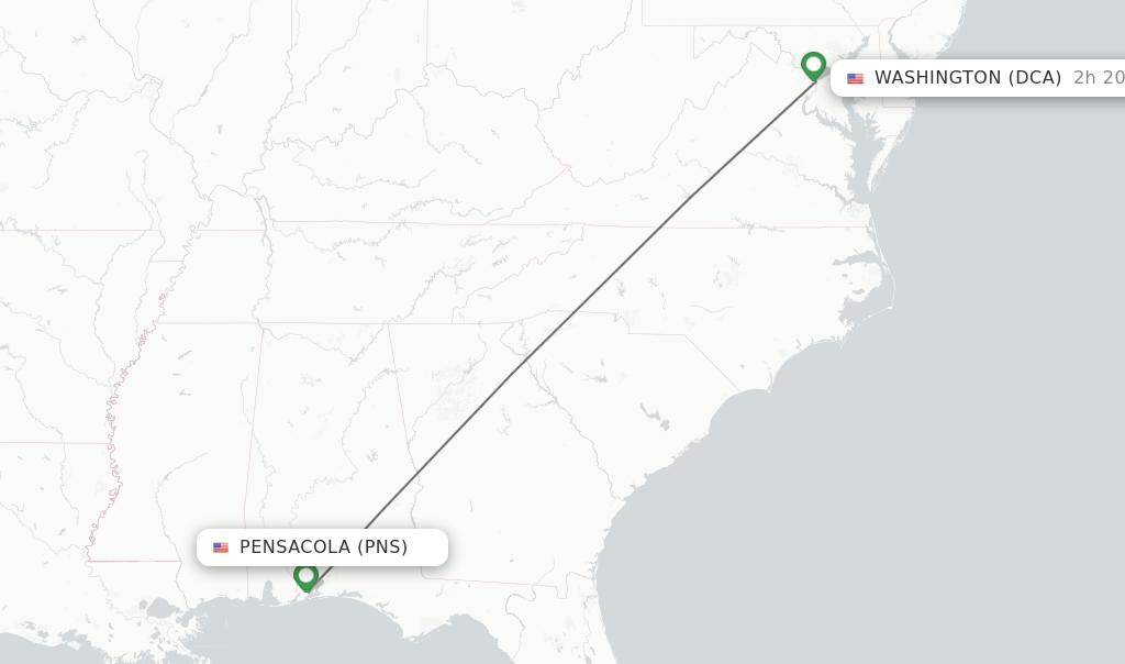 Flights from Pensacola to Washington route map