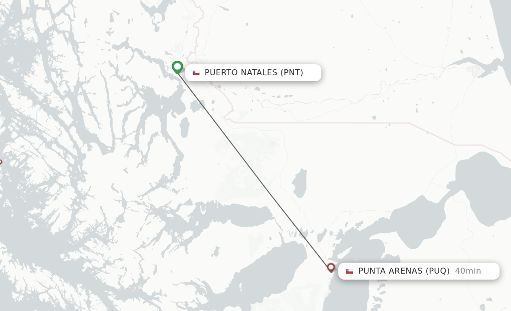 Flights from Puerto Natales to Punta Arenas route map