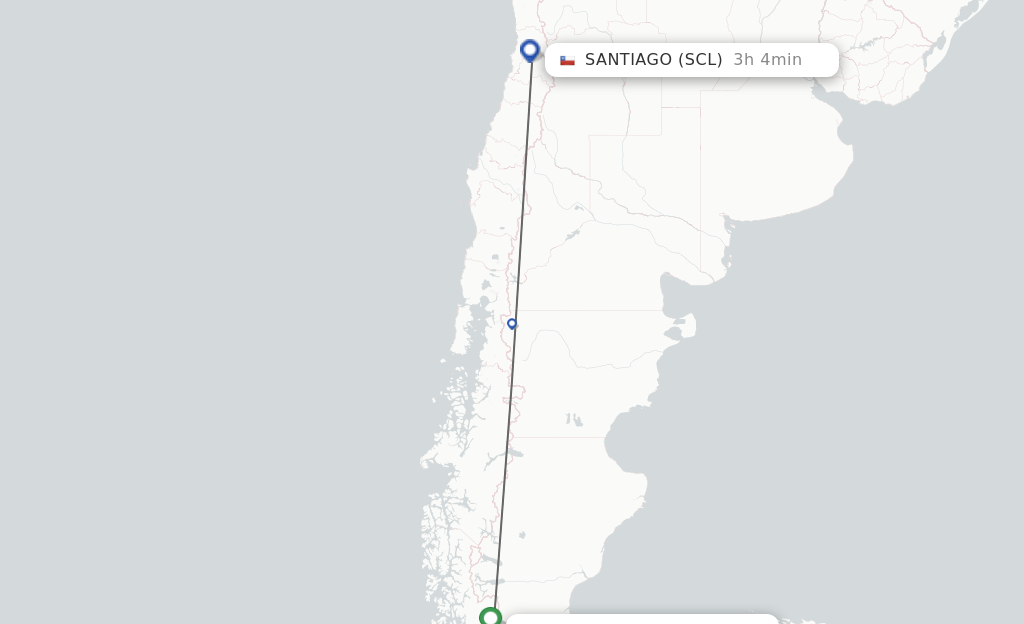 Flights from Puerto Natales to Santiago route map