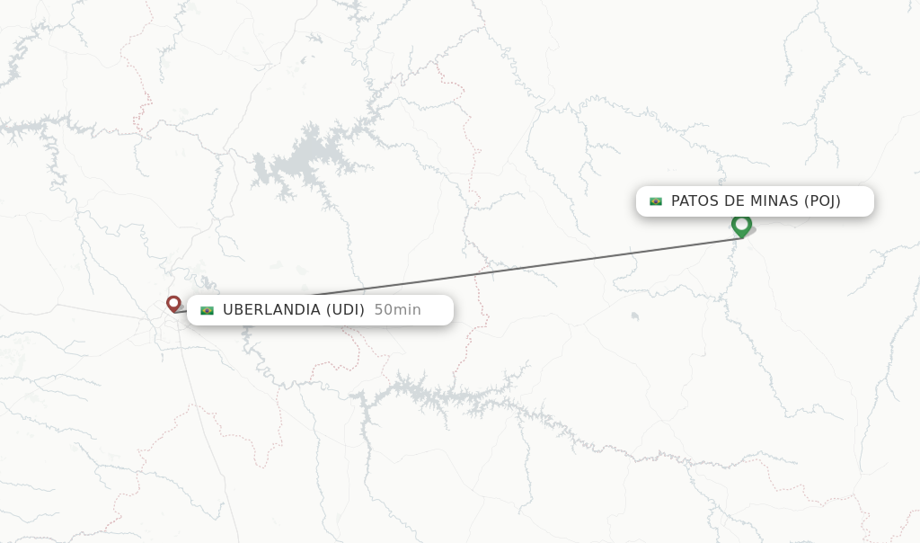 Flights from Patos De Minas to Uberlandia route map