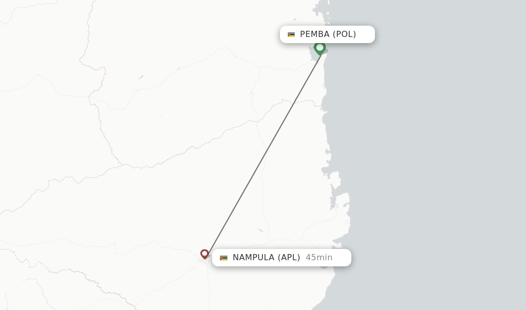 Flights from Pemba to Nampula route map