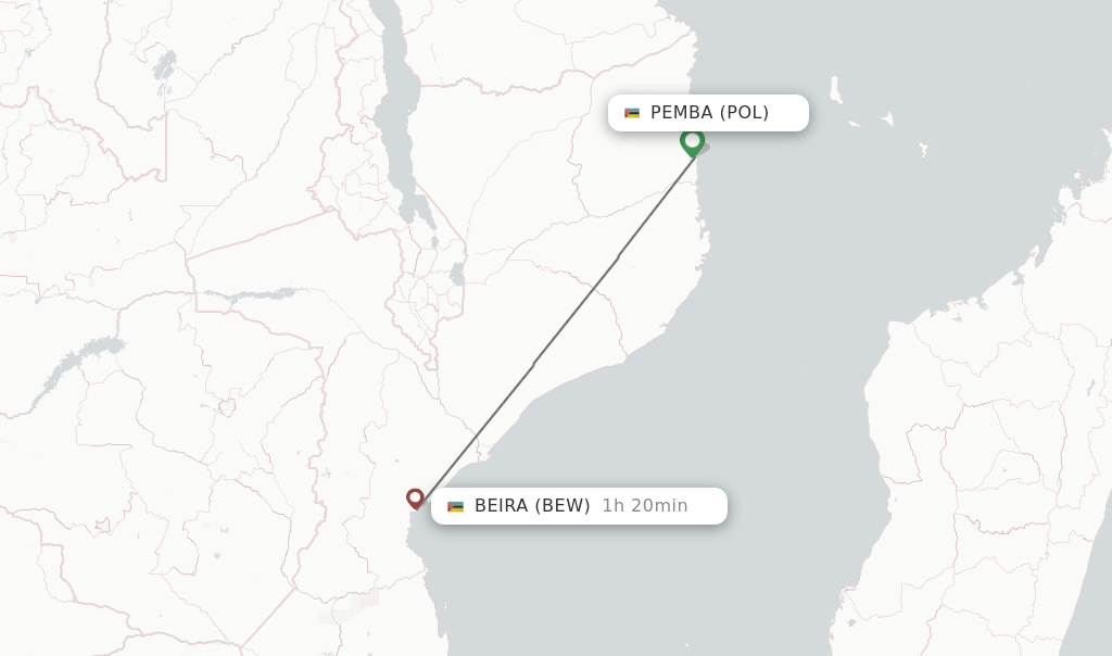 Flights from Pemba to Beira route map