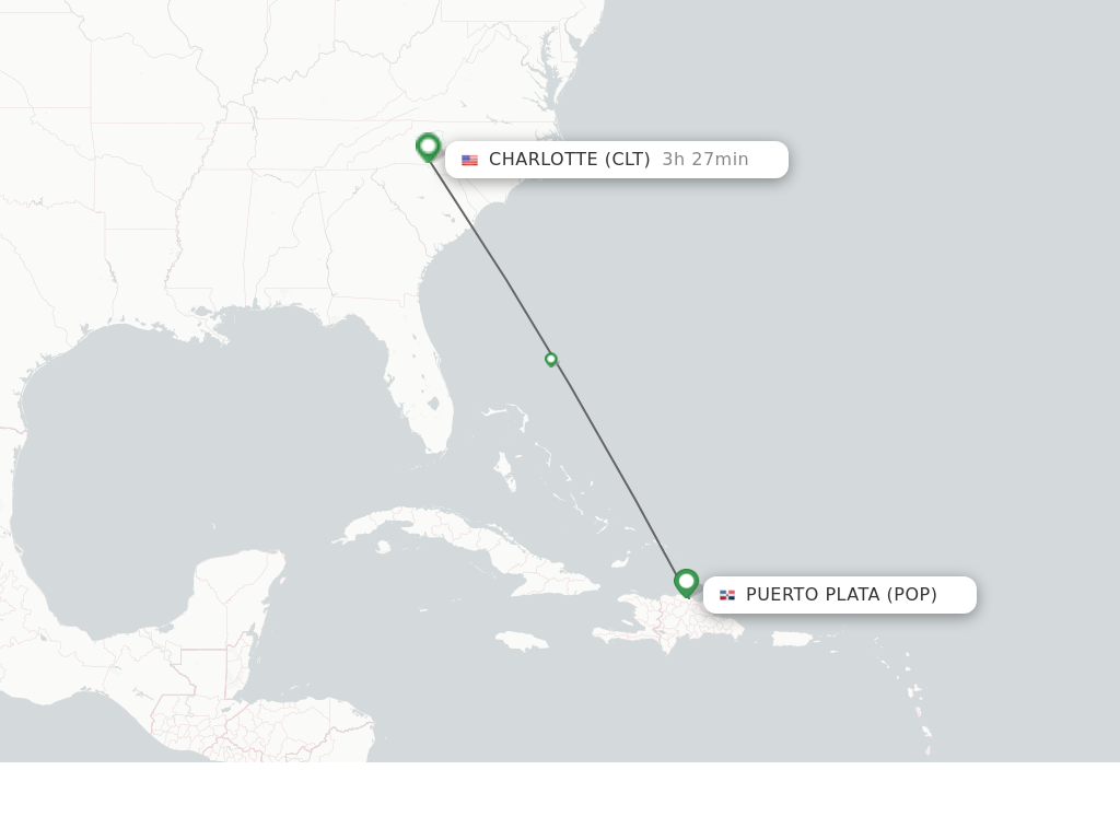 Flights from Puerto Plata to Charlotte route map