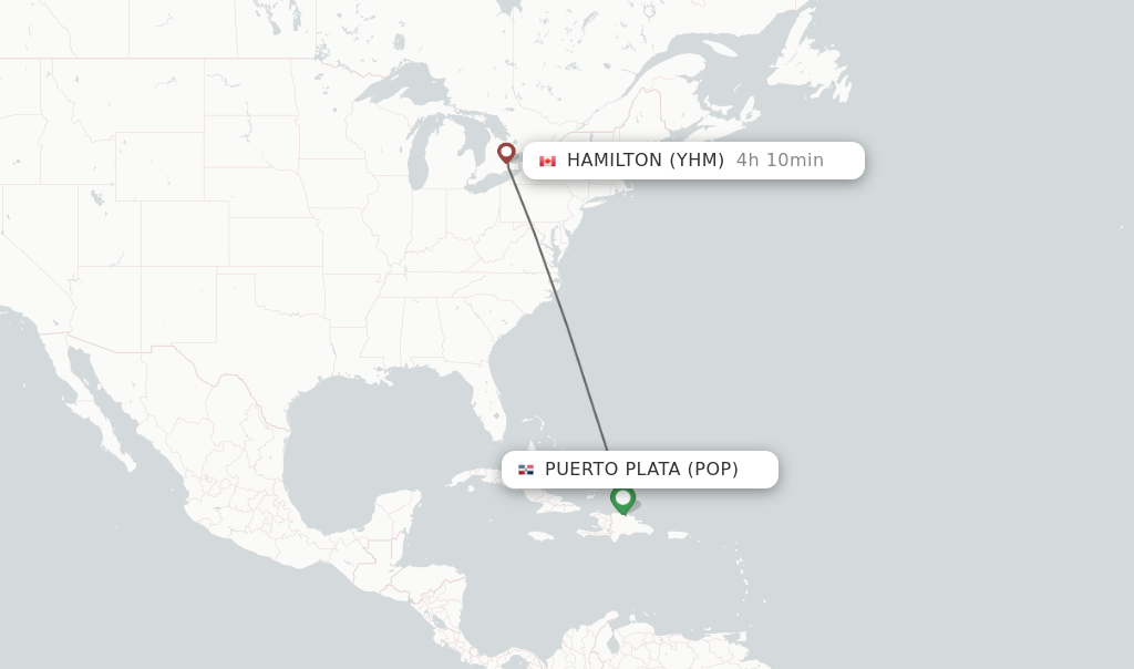 Flights from Puerto Plata to Hamilton route map