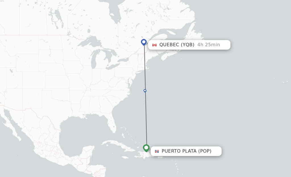 Flights from Puerto Plata to Quebec route map