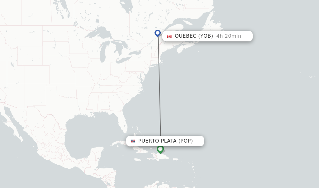 Flights from Puerto Plata to Quebec route map