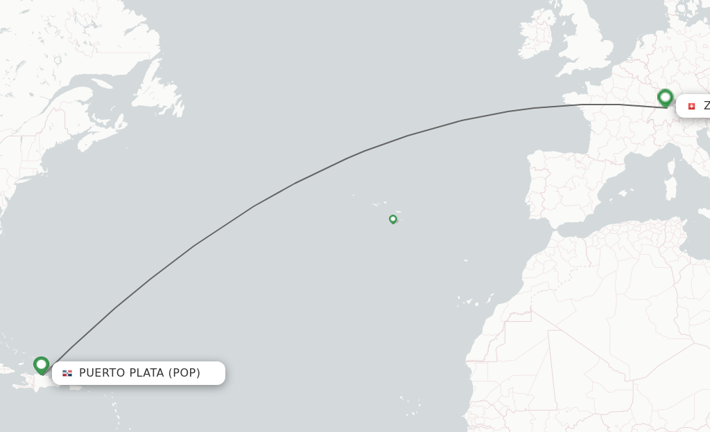 Flights from Puerto Plata to Zurich route map