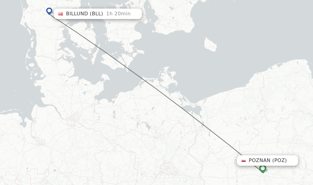 Flights from Poznan to Billund route map