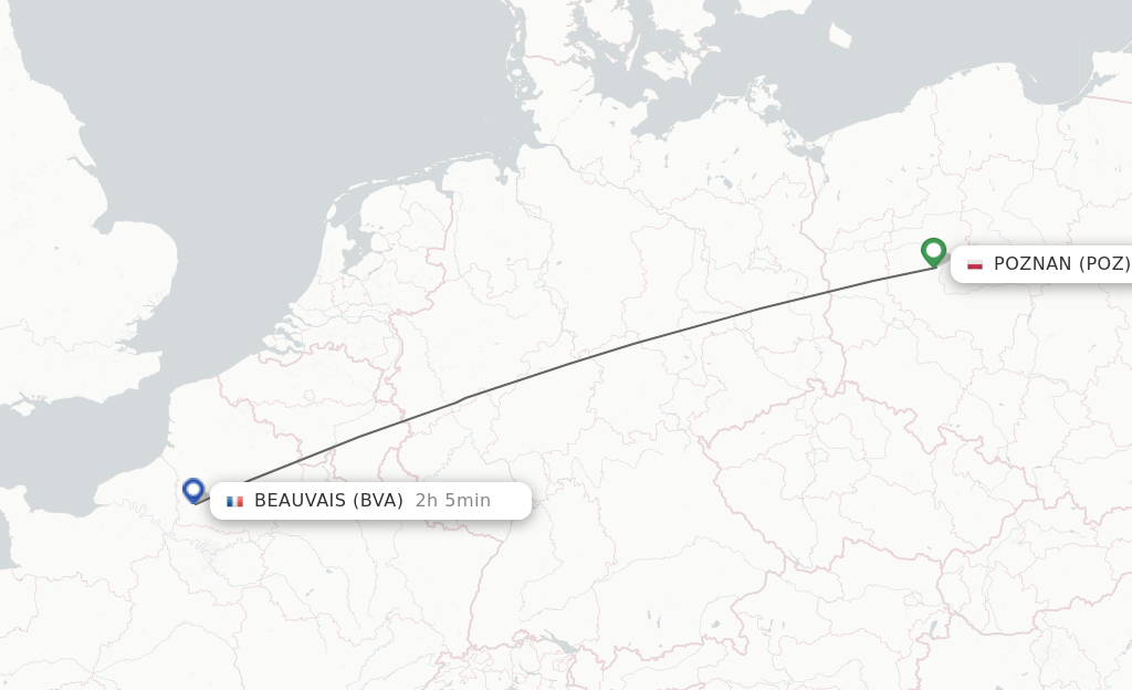 Flights from Poznan to Paris route map