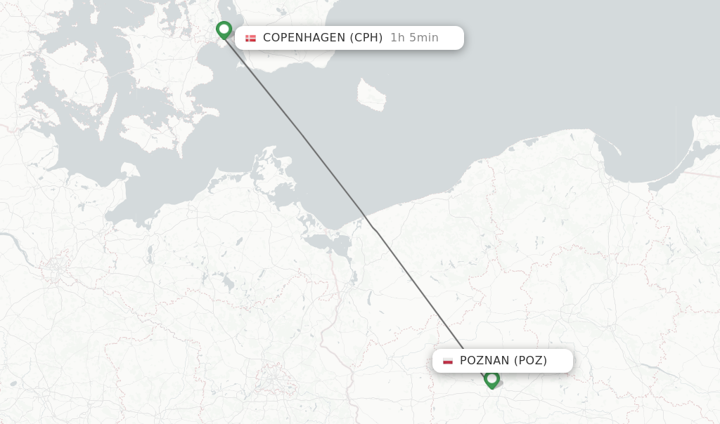 Flights from Poznan to Copenhagen route map