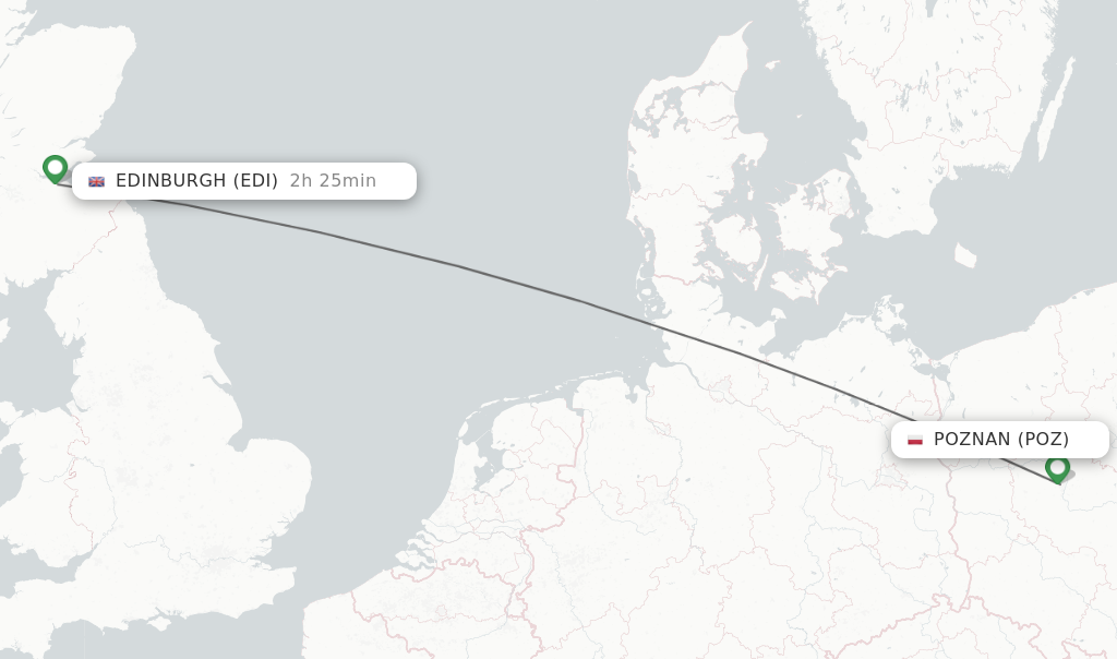 Flights from Poznan to Edinburgh route map