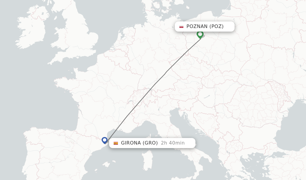 Flights from Poznan to Girona route map