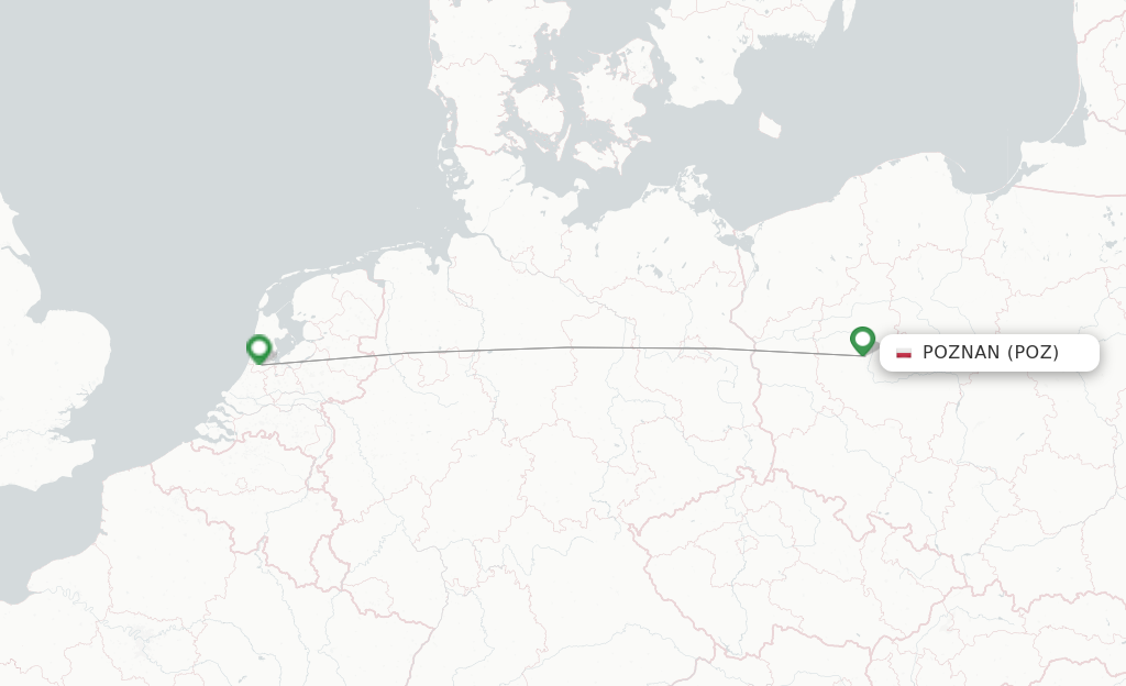 Route map with flights from Poznan with KLM