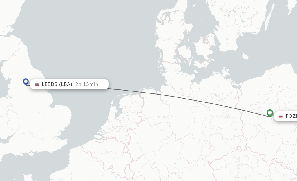 Flights from Poznan to Leeds route map