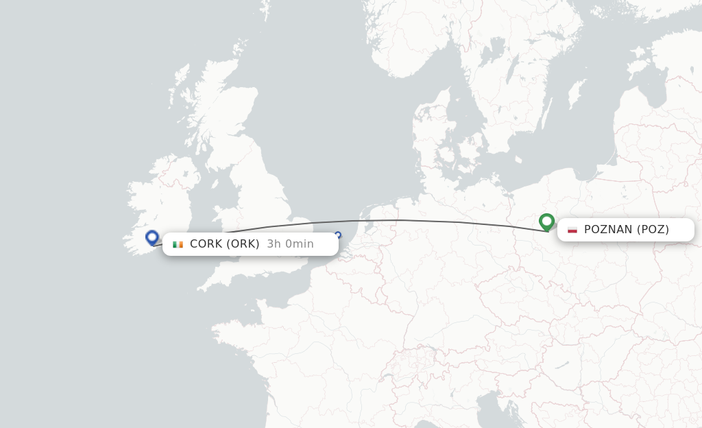 Flights from Poznan to Cork route map