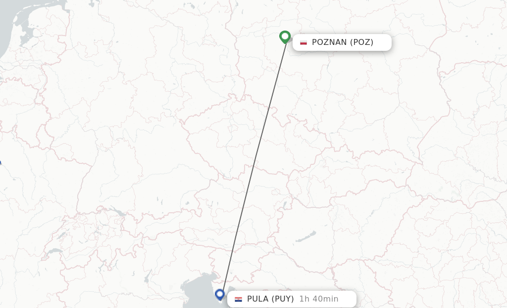 Flights from Poznan to Pula route map