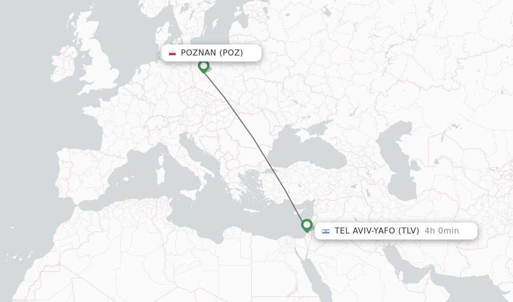 Flights from Poznan to Tel Aviv-Yafo route map