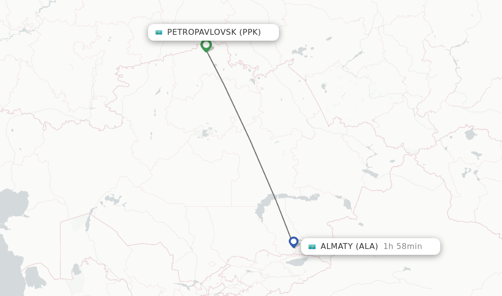 Flights from Petropavlovsk to Almaty route map